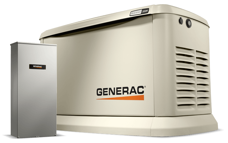 A Generac Guardian Series standby generator beside its automatic transfer switch