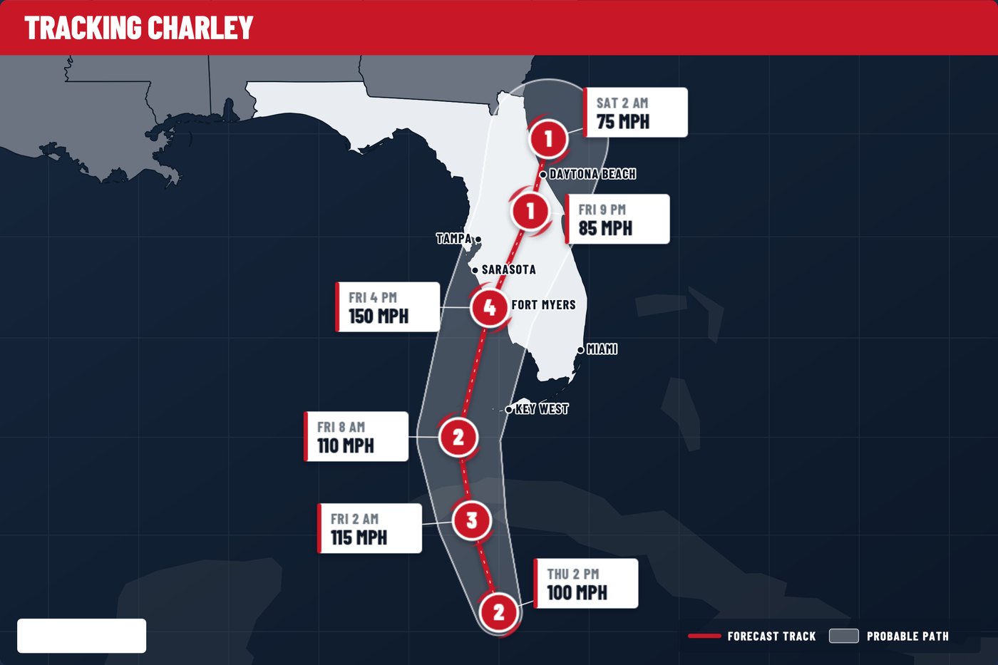 Track map for Hurricane Charley in August 2004, showing the storm crossing central Florida