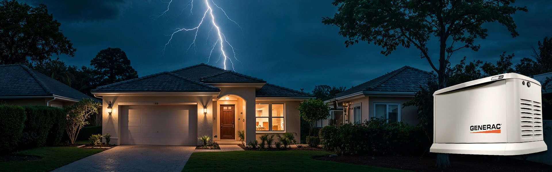 Home exterior with a standby generator installed alongside