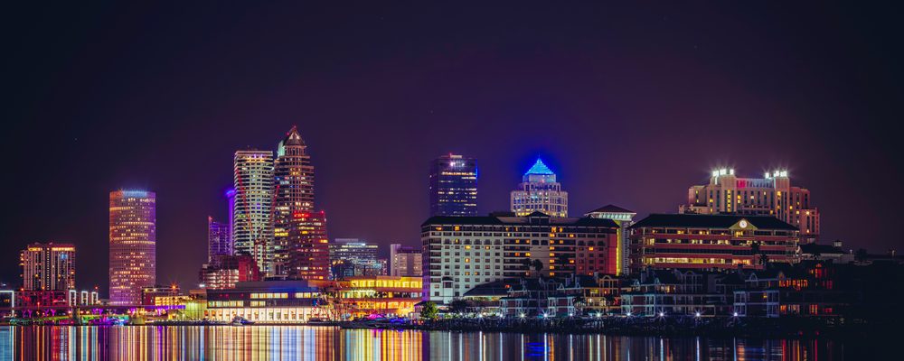 The Tampa skyline at night, reflected in Hillsborough Bay